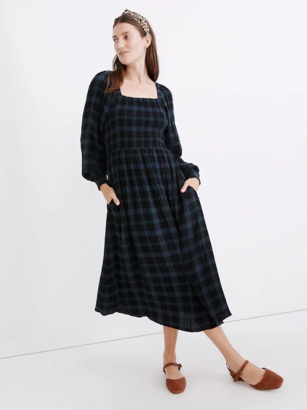 Madewell Lightspun Lucie Long-Sleeve Smocked Midi Dress in Livonia Plaid Size XS